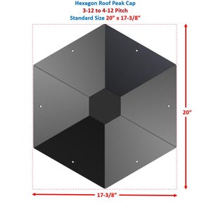 May include: A grey hexagon roof peak cap with the text "Hexagon Roof Peak Cap" and "3-12 to 4-12 Pitch". The standard size is 50.8 cm x 44.1 cm. The cap has a geometric design and is suitable for roofing applications.