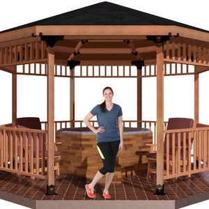 May include: A wooden octagonal gazebo with a black roof, featuring a hot tub and two chairs. The gazebo has a wooden railing and a woman is standing in the center.