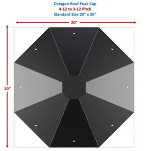 May include: An octagonal roof peak cap, measuring 50.8 cm by 50.8 cm, with a multi-tone grey and black design. The image includes the text "Octagon Roof Peak Cap" and "4-12 to 3-12 Pitch".