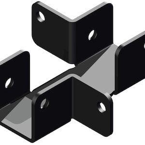 May include: Black metal corner brace with four holes for attaching to wood. The brace is designed to join four pieces of wood together at a 90-degree angle.