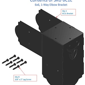 May include: Isometric view of a black 15.24cm x 15.24cm, 1-way elbow bracket with decorative edges. The image includes eight 0.95cm x 5.08cm lag screws and the text "Contents of SKU 6C1L". The bracket is labeled as "Qty 1 6C1L Bracket".