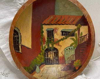 Bol en bois vintage peint à la main, décoration murale inscrite au dos, signée par l'artiste