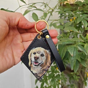 Hand-Painted Pet Portrait Leather Bag Charm - Custom Dog Cat Keychain - Diamond Key Chain Black-Smooth Cowhide