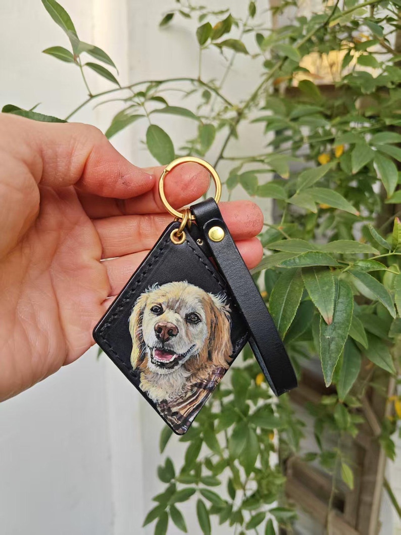 Hand-Painted Pet Portrait Leather Bag Charm - Custom Dog Cat Keychain - Diamond Key Chain Black-Smooth Cowhide