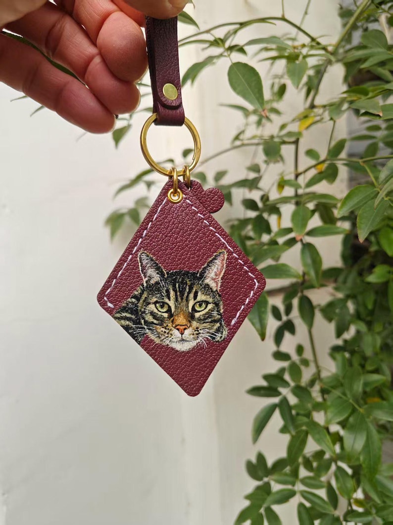 Hand-Painted Pet Portrait Leather Bag Charm - Custom Dog Cat Keychain - Diamond Key Chain image 18