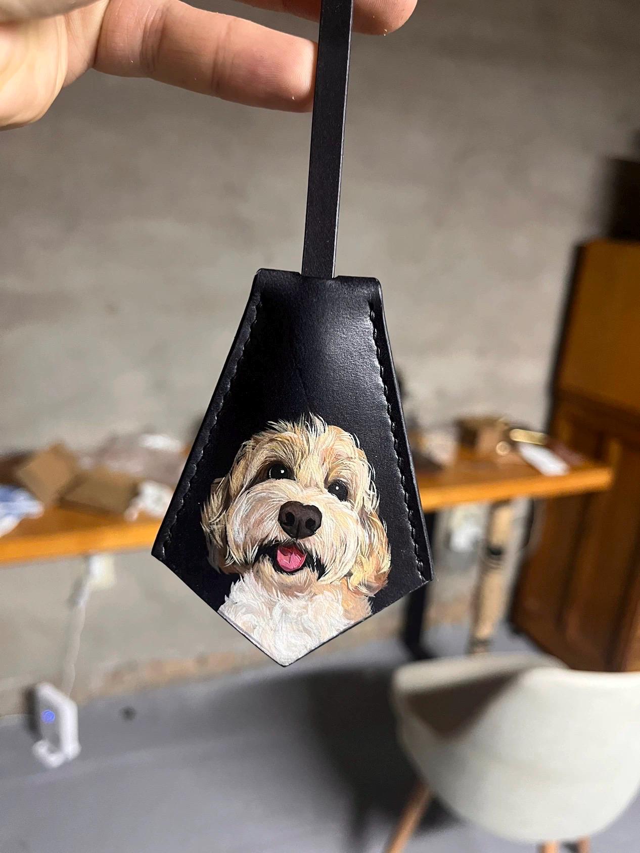 Hand-painted Pet Leather Bag Tag-Unique Personalised Gift - Handmade Bag Charm - Pet Portrait - Dog Memorial - Leather fashion accessories