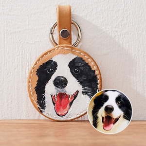Custom Hand-painted Pet Leather Keyring - Personalised Gift - Handmade Bag Charm - Pet Portrait - Leather Keyring - Dog Memorial