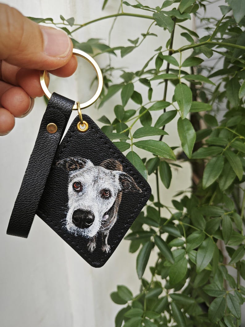 Hand-Painted Pet Portrait Leather Bag Charm - Custom Dog Cat Keychain - Diamond Key Chain image 19