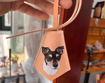 Etiqueta de cuero para bolso de mascota pintada a mano - Regalo personalizado único - Amuleto para bolso hecho a mano - Retrato de mascota - Memorial de perro - Accesorios de moda de cuero