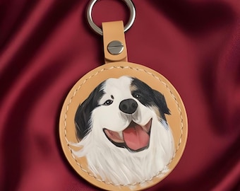 Custom Hand-Painted Pet Portrait Leather Keyring: Personalized Dog Memorial