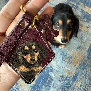 Hand-Painted Pet Portrait Leather Bag Charm - Custom Dog Cat Keychain - Diamond Key Chain image 2