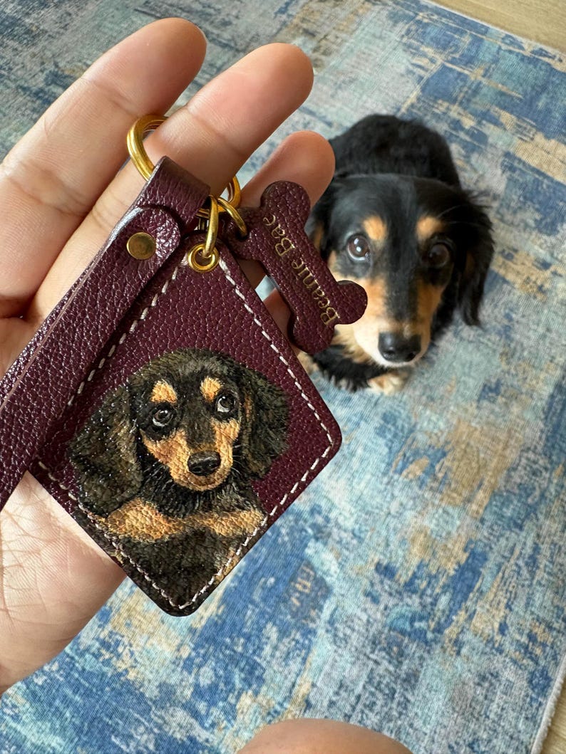 Hand-Painted Pet Portrait Leather Bag Charm - Custom Dog Cat Keychain - Diamond Key Chain image 2