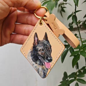 Hand-Painted Pet Portrait Leather Bag Charm - Custom Dog Cat Keychain - Diamond Key Chain image 10