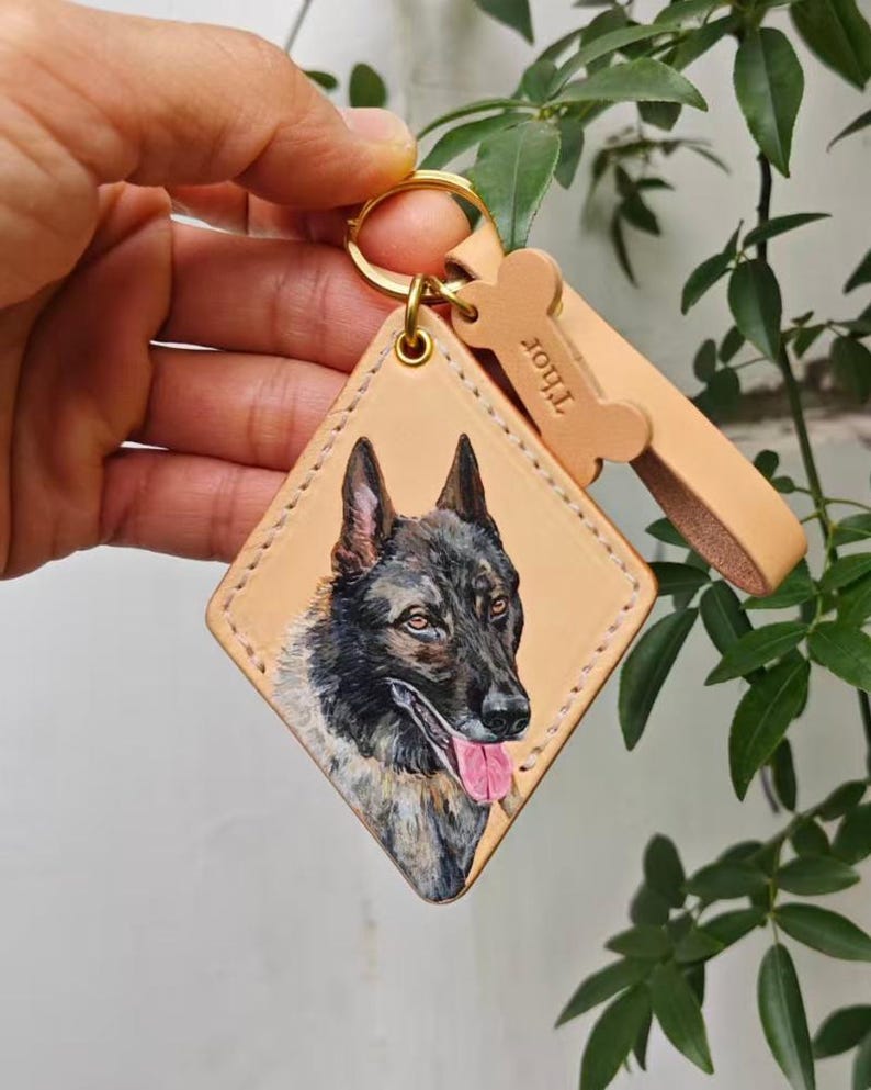 Hand-Painted Pet Portrait Leather Bag Charm - Custom Dog Cat Keychain - Diamond Key Chain image 10