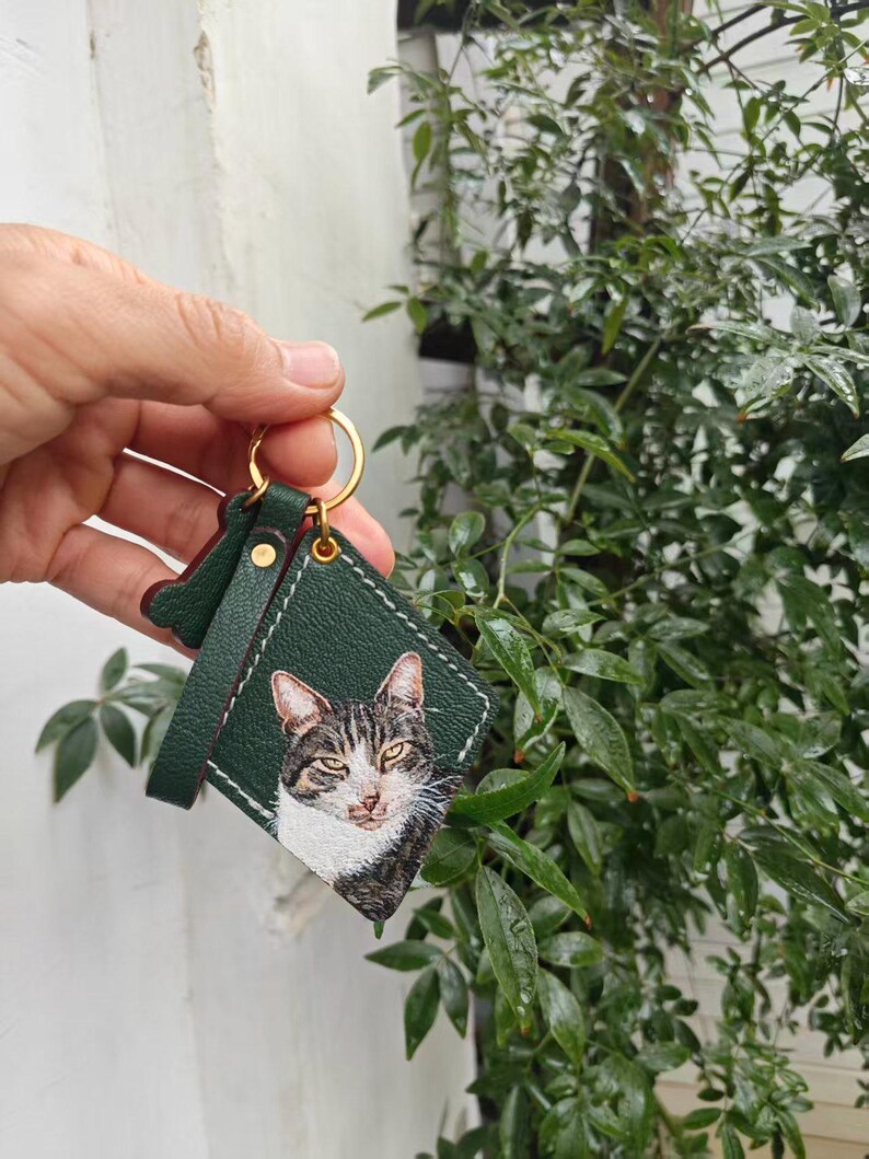 Hand-Painted Pet Portrait Leather Bag Charm - Custom Dog Cat Keychain - Diamond Key Chain image 15