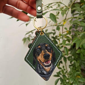 Hand-Painted Pet Portrait Leather Bag Charm - Custom Dog Cat Keychain - Diamond Key Chain Green-Pebbled Calf