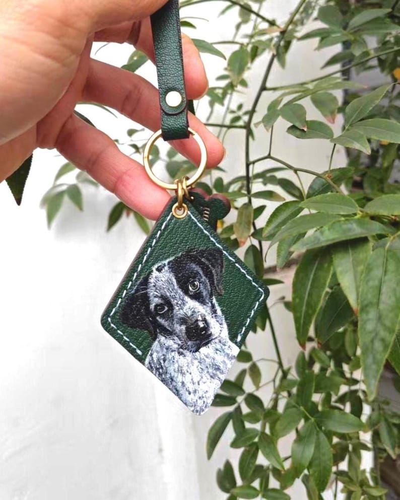 Hand-Painted Pet Portrait Leather Bag Charm - Custom Dog Cat Keychain - Diamond Key Chain image 7