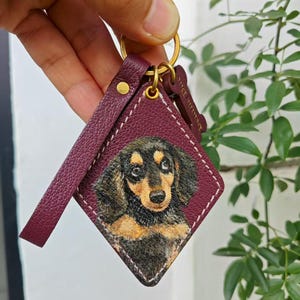 Hand-Painted Pet Portrait Leather Bag Charm - Custom Dog Cat Keychain - Diamond Key Chain Red-Pebbled Calf