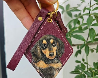 Hand-Painted Pet Portrait Leather Bag Charm - Custom Dog Cat Keychain - Diamond Key Chain