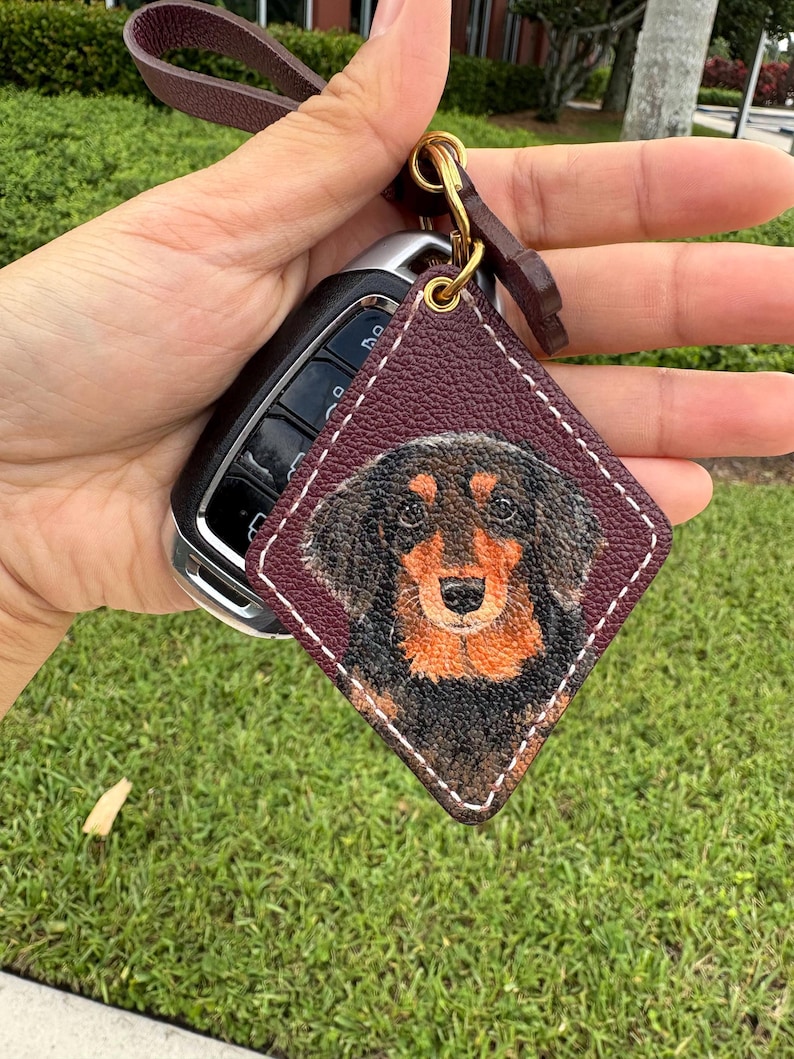 Hand-Painted Pet Portrait Leather Bag Charm - Custom Dog Cat Keychain - Diamond Key Chain image 16
