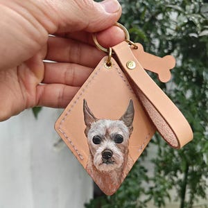 A hand is holding a keychain with a picture of a dog on it, against a backdrop of greenery.