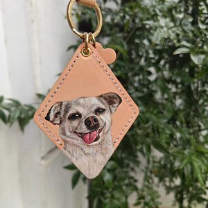 A hand is holding a keychain with a picture of a dog on it, set against a backdrop of greenery.