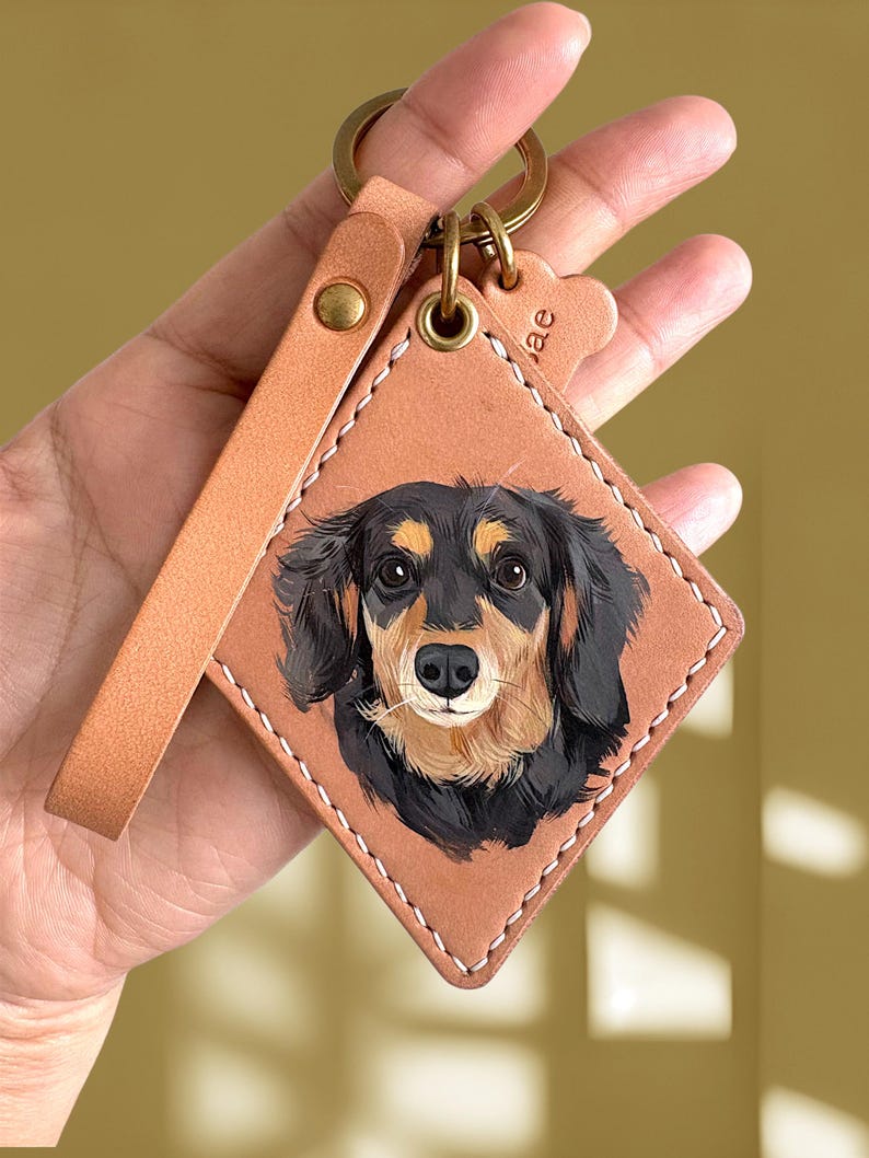 Hand-Painted Pet Portrait Leather Bag Charm - Custom Dog Cat Keychain - Diamond Key Chain image 17