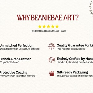 The image is a promotional graphic for a beaniebae art shop, highlighting its five star rating, sales, and unique features.