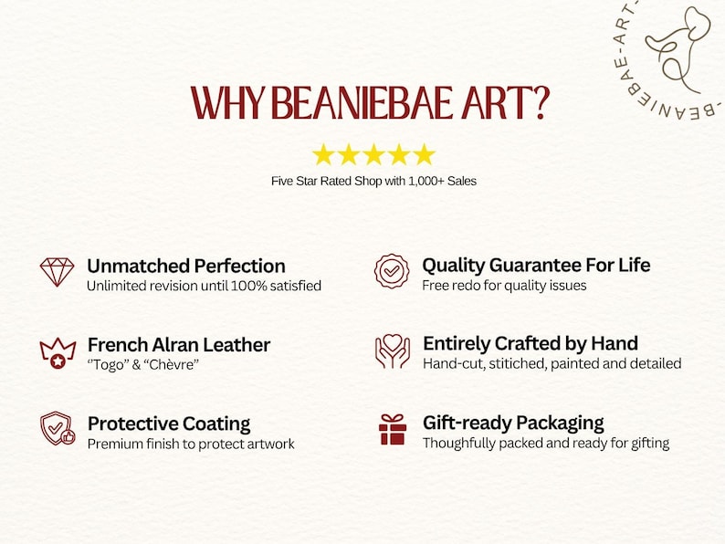 The image is a promotional graphic for a beaniebae art shop, highlighting its five star rating, sales, and unique features.