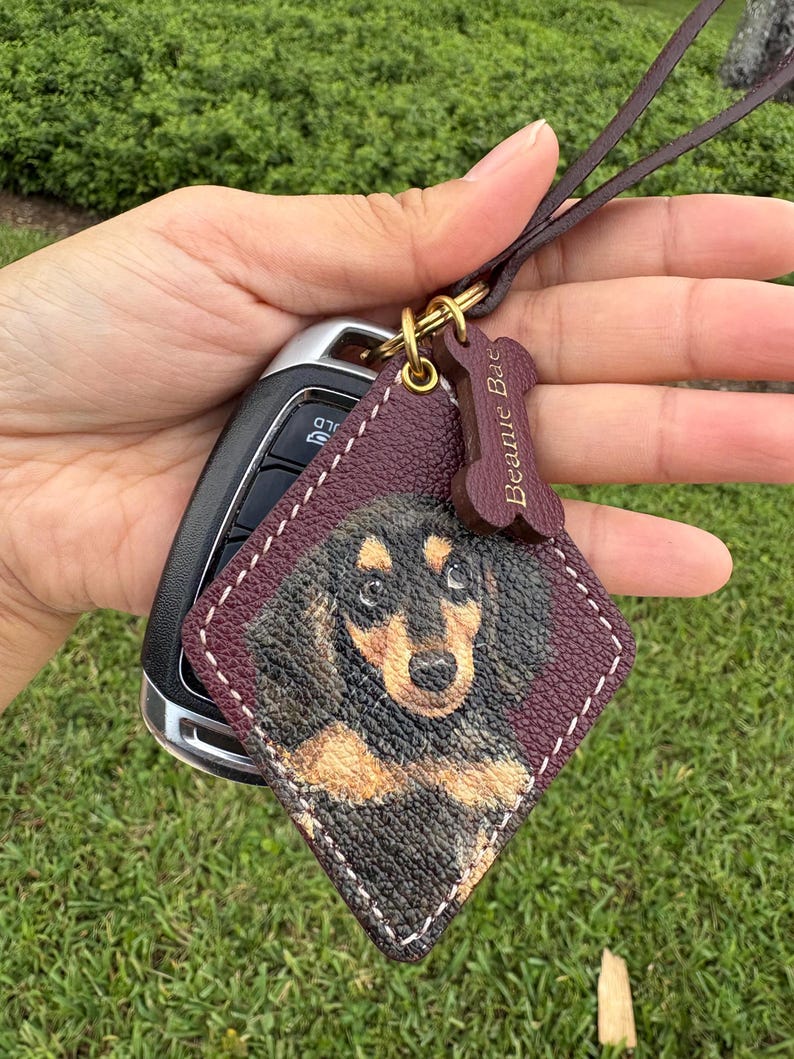 Hand-Painted Pet Portrait Leather Bag Charm - Custom Dog Cat Keychain - Diamond Key Chain image 3