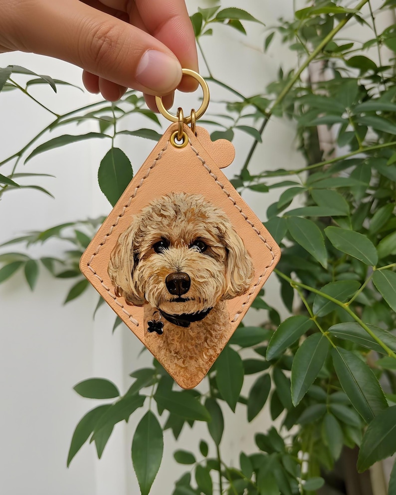 Hand-Painted Pet Portrait Leather Bag Charm - Custom Dog Cat Keychain - Diamond Key Chain image 6