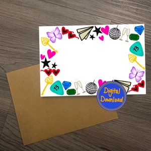 May include: A white card with a colorful border of hearts, stars, butterflies, keys, sunglasses, paper airplanes, diamonds, and disco balls. The number "13" is written on two of the guitar picks. The text "Digital Download" is written in blue on a white circle.