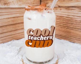 Cool Teachers Club Tumbler with Name Glass Cup,  Aesthetic Glass Can, Beer Can Glass with Lid & Straw, 16oz Glass Tumbler