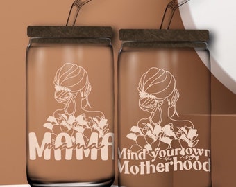 Mind your motherhood design 16 oz glass with bamboo lid, straight glass straw and cleaner