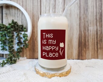 This is my happy place Tumbler Glass Cup,  Aesthetic Glass Can, Beer Can Glass with Lid & Straw, 16oz Glass Tumbler