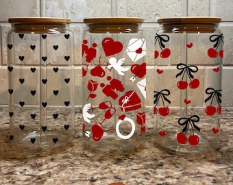 Black hearts, Cupid love, Cherry Valentine 16oz Glasses Tumbler with straw and lid