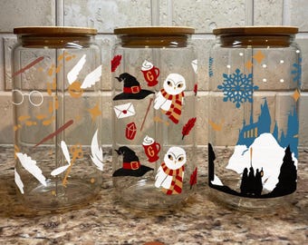 Personalized Cold Activated Winter Design Glass Can Cup 16oz with Lid and Straw, Christmas gift, Gift Drinkware