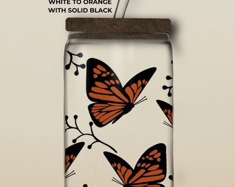 Cold activated Color Changing Butterfly/ Plants 16oz glass with bamboo lid and glass straw