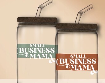 Small mama business design 16 oz glass with bamboo lid and straight glass straw