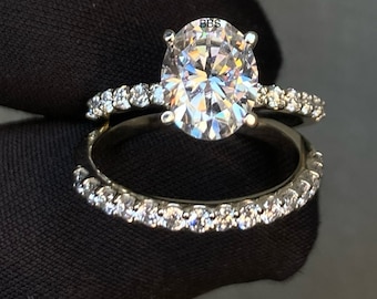 Oval Cut Moissanite Engagement Ring Set, 14K White Gold Bridal Ring Set, Handmade Ring, Wedding Ring, Anniversary Gift Ring, Ring for Women