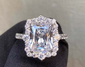 Halo Radiant Cut Engagement Ring, 14K White Gold Moissanite Diamond Wedding Bridal Ring, Pave Set, Promise Anniversary Gift, Ring for Women