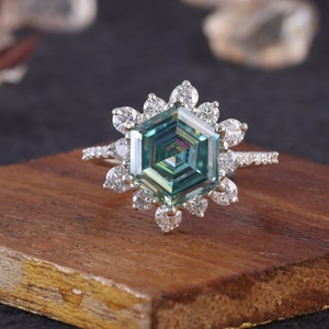 Hexagon Cut Green Moissanite Engagement Ring - Blue Green Moissanite Halo Diamond Ring Gift Ring For Her Promise Bridal Ring Solitaire Ring