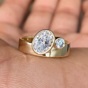 Wide Band Oval and Round Cut Engagement Ring For Women-Bezel Set Wedding Ring-Unique Thick Band Made Solitaire Ring-14K Solid Gold Ring