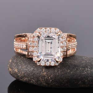 Emerald Cut Moissanite Wedding Ring-Unique Halo Promise Diamond Ring-14K Anniversary Ring For Women-Vintage Bridal Diamond Ring-Promise Ring