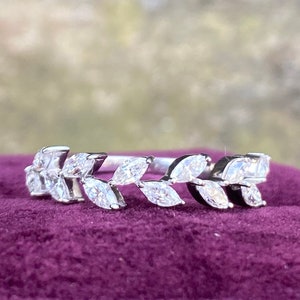 Marquise Cut Moissanite Engagement Band-14k White Gold Art Deco Half Eternity Band-Promise Vintage Wedding Band-Unique Bridal Band For Women