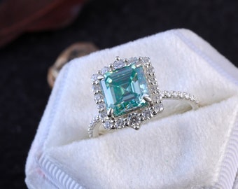 Green Moissanite Engagement Ring, Asscher Cut Green Moissanite Ring Asscher Cut Diamond Ring Asscher Cut Solitaire Unique Promise Gift Ring