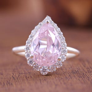 Traan roze morganiet verlovingsring, peergeslepen halo diamant unieke vintage ring, 14K witgouden belofte verjaardag cadeau ring voor vrouwen