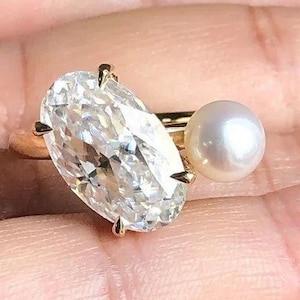 3CT Toi Et Moi Oval Cut & Pearl Engagement Ring, Moissanite Diamond Two Stone Wedding Ring, Unique Bridal Ring, You And Me Ring for Women