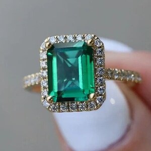 2ct Green Emerald Cut Engagement Ring, Emerald Diamond Ring, Unique halo Gemstone Promise Ring, Wedding Bridal Ring Gift Ring For Women
