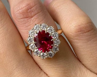 3CT Oval Cut Ruby Engagement Ring for Women, Red Ruby Wedding Ring, Moissanite Halo Ring, 14K Yellow Gold, Anniversary Gift Ring for Her